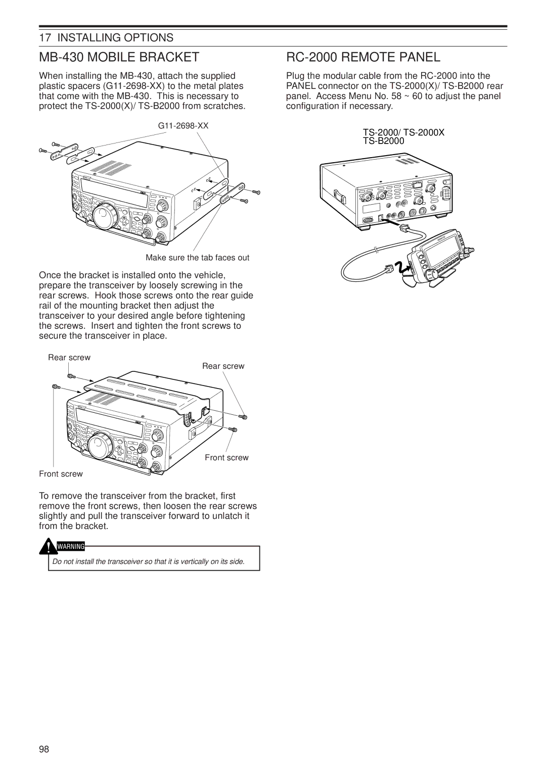 Kenwood TS-B2000, TS-2000X instruction manual MB-430 Mobile Bracket, RC-2000 Remote Panel, Installing Options 