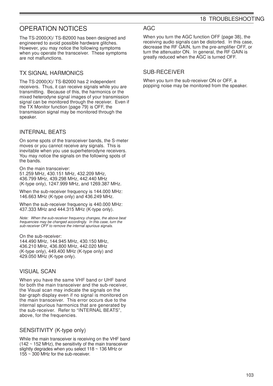 Kenwood TS-2000X, TS-B2000 instruction manual Operation Notices, Agc, TX Signal Harmonics, Internal Beats, Visual Scan 