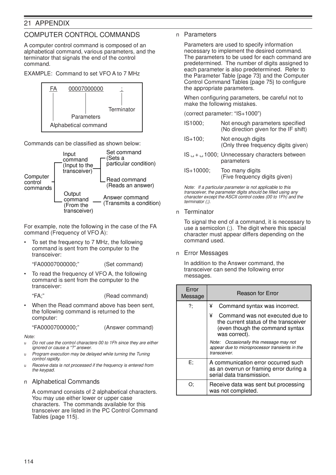 Kenwood TS-B2000, TS-2000X Appendix Computer Control Commands, Terminator, Error Messages, Alphabetical Commands 