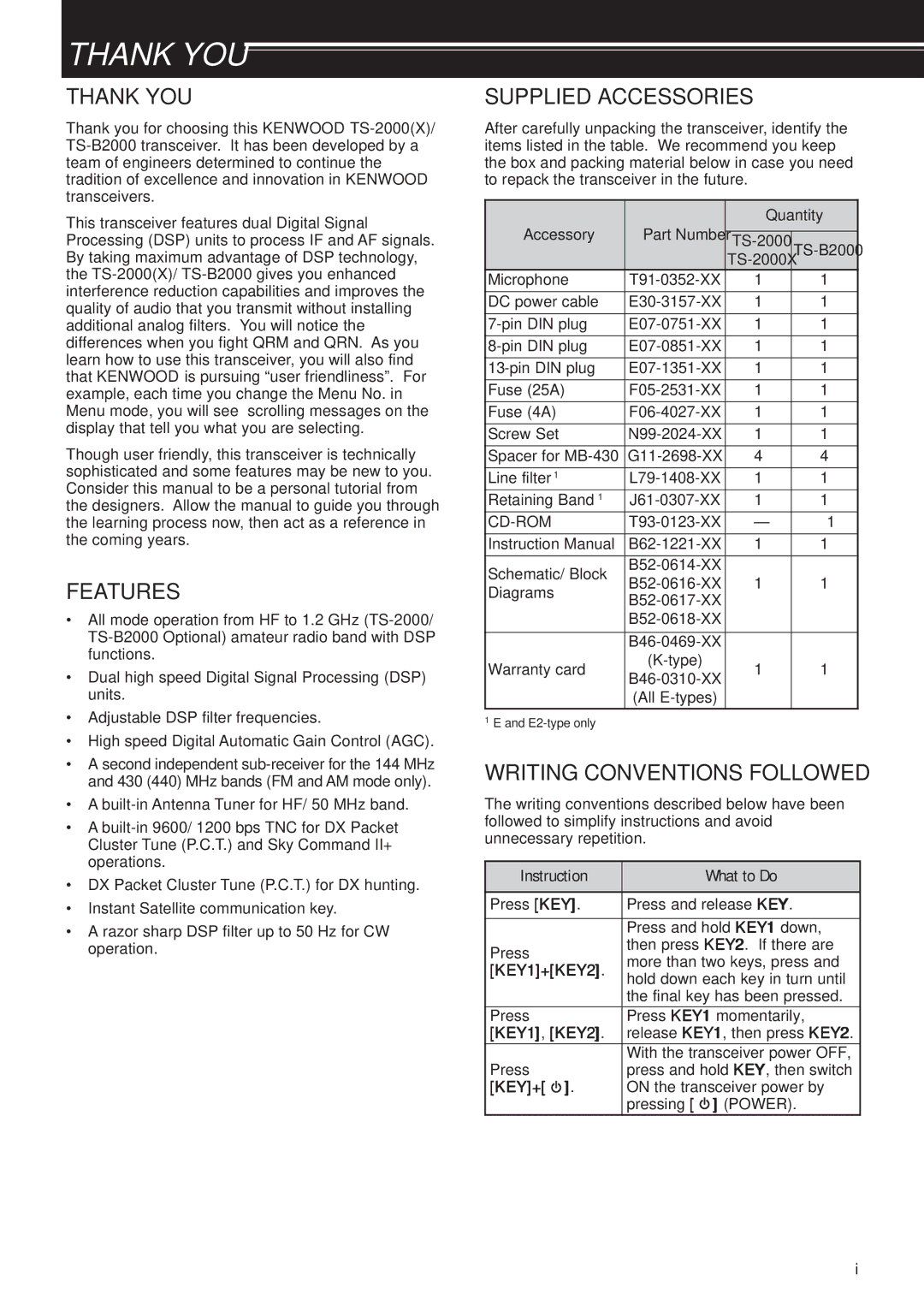 Kenwood TS-B2000, TS-2000X instruction manual Thank YOU, Features, Supplied Accessories, Writing Conventions Followed 