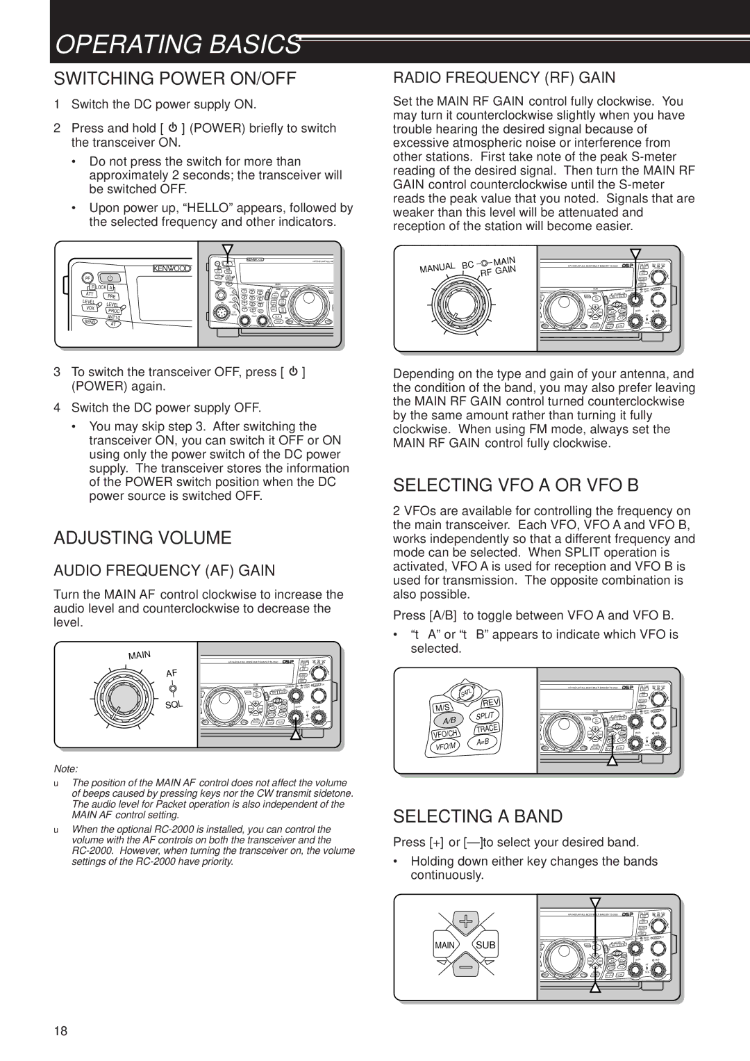 Kenwood TS-B2000 Operating Basics, Switching Power ON/OFF, Adjusting Volume, Selecting VFO a or VFO B, Selecting a Band 