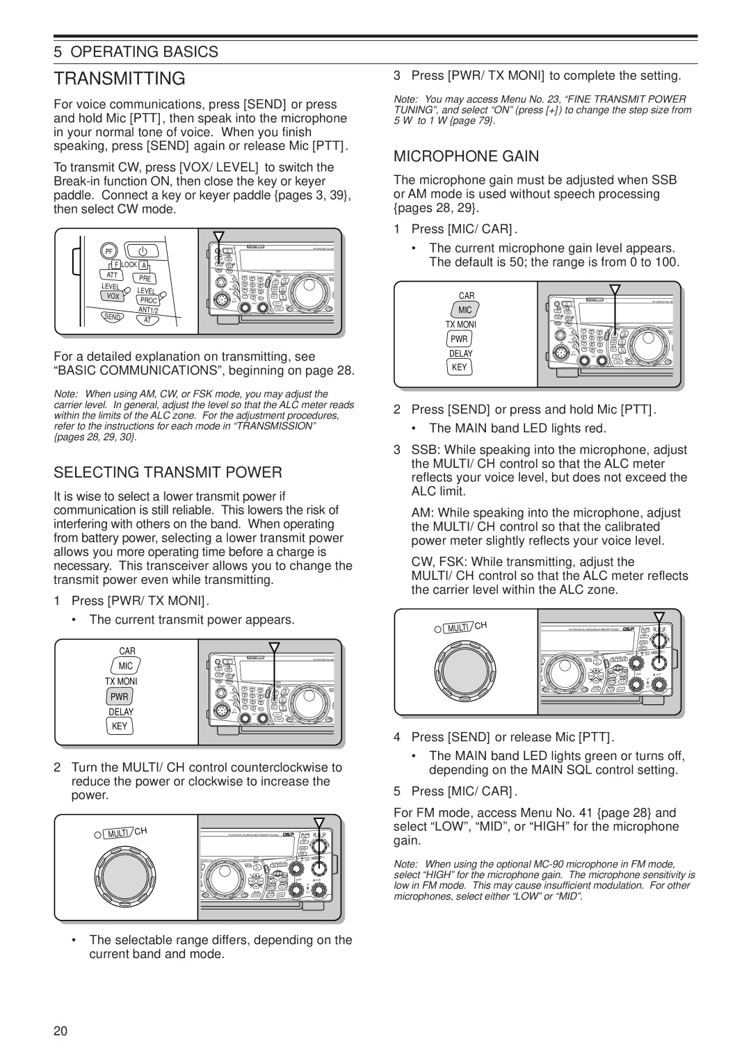 Kenwood TS-B2000, TS-2000X Transmitting, Selecting Transmit Power, Microphone Gain, Press PWR/ TX Moni, Press MIC/ CAR 