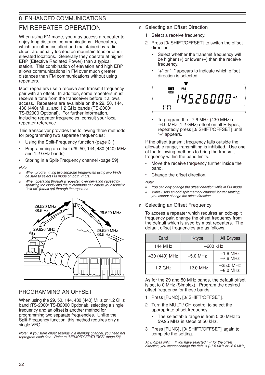 Kenwood TS-B2000 FM Repeater Operation, Enhanced Communications, Programming AN Offset, Selecting an Offset Direction 