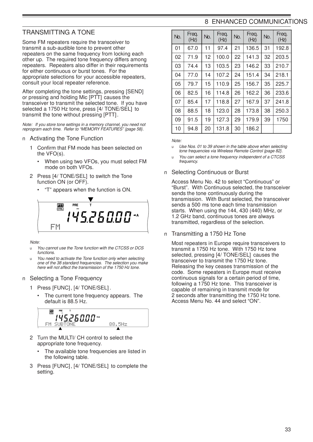 Kenwood TS-2000X Enhanced Communications Transmitting a Tone, Selecting a Tone Frequency, Selecting Continuous or Burst 