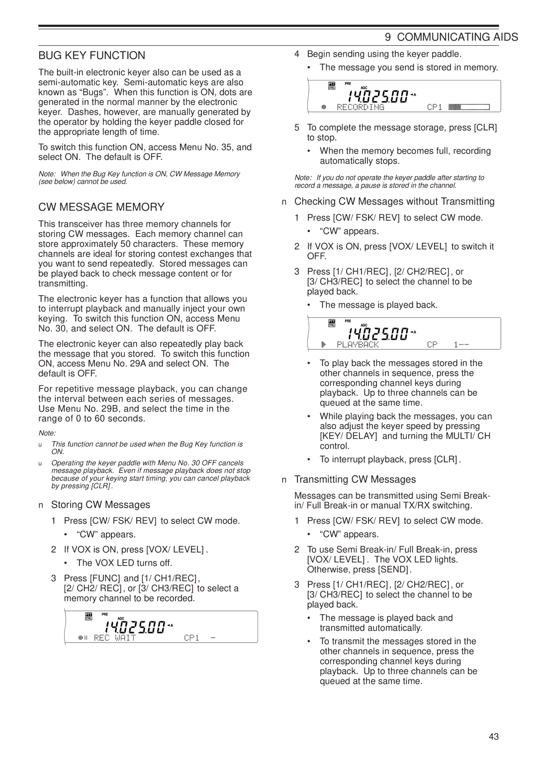 Kenwood TS-2000X Communicating Aids BUG KEY Function, CW Message Memory, Storing CW Messages, Transmitting CW Messages 