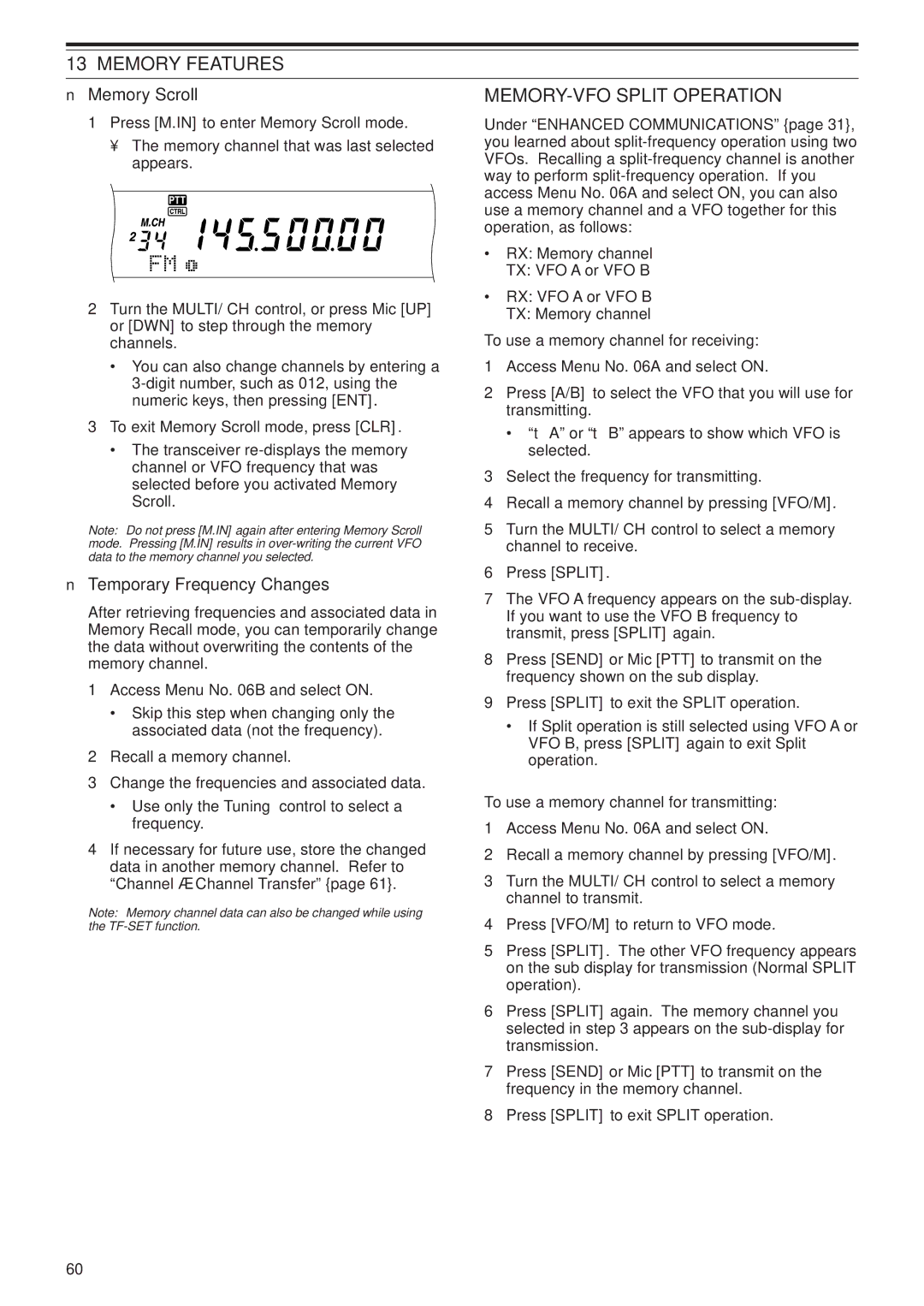 Kenwood TS-B2000, TS-2000X instruction manual Memory Scroll, Temporary Frequency Changes, MEMORY-VFO Split Operation 