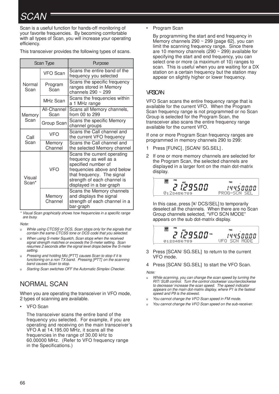 Kenwood TS-B2000, TS-2000X instruction manual Normal Scan, Vfoscan, Scan Type Purpose, Press FUNC, SCAN/ SG.SEL 