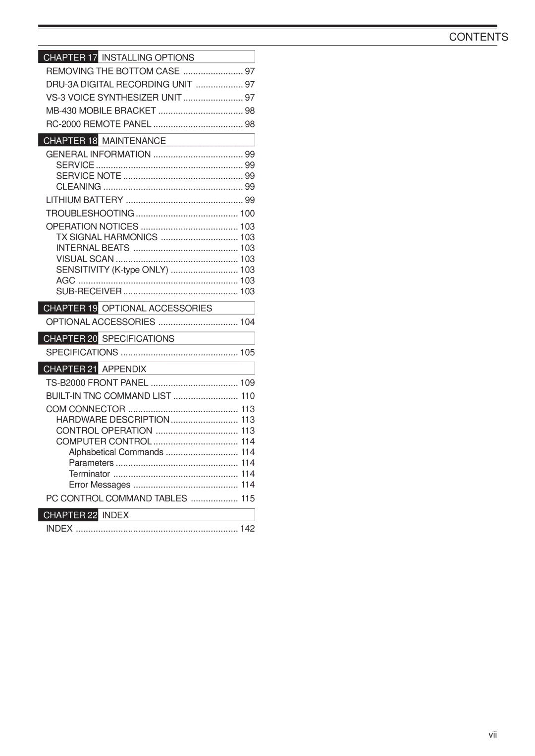 Kenwood TS-B2000, TS-2000X Installing Options, Maintenance, Optional Accessories, Specifications, Appendix, Index 