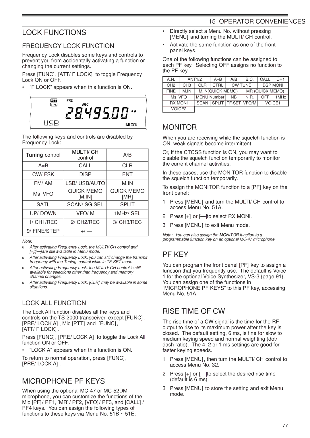 Kenwood TS-2000X, TS-B2000 instruction manual Lock Functions, Monitor, Pf Key, Microphone PF Keys, Rise Time of CW 