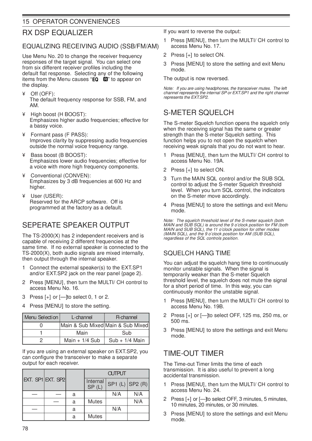 Kenwood TS-B2000, TS-2000X instruction manual RX DSP Equalizer, Seperate Speaker Output, Meter Squelch, TIME-OUT Timer 