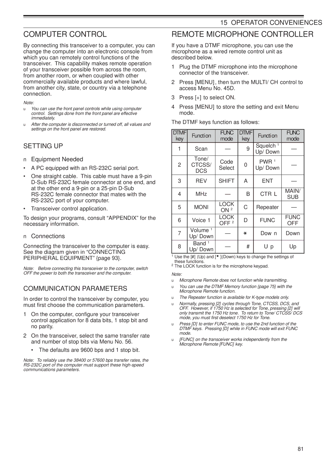 Kenwood TS-2000X, TS-B2000 instruction manual Computer Control, Remote Microphone Controller, Communication Parameters, Func 