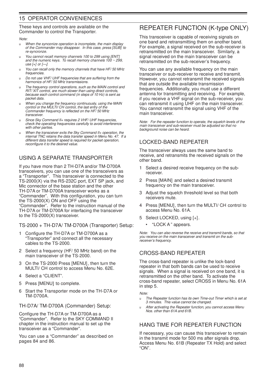 Kenwood TS-B2000 Using a Separate Transporter, LOCKED-BAND Repeater, CROSS-BAND Repeater, Hang Time for Repeater Function 