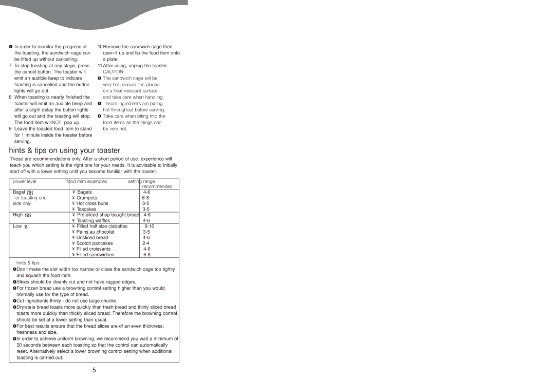 Kenwood TTM310 Hints & tips on using your toaster, Power level Food item examples Setting range Recommended, Side only 