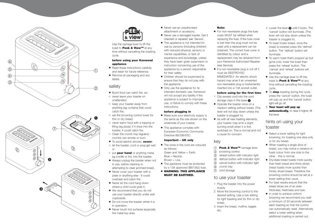 Kenwood TTM323, TTM403, TTM324, TTM400, TTM322, TTM401 manual Safety, Key, To use your toaster, Hints on using your toaster 