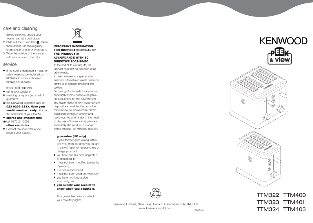 Kenwood TTM324, TTM403 Care and cleaning, Service, Guarantee UK only, You supply your receipt to Show when you bought it 