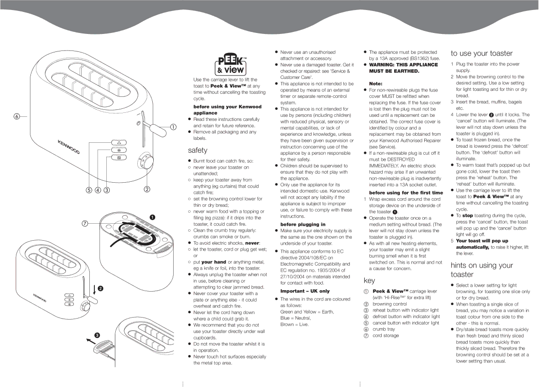 Kenwood TTP210, TTP200 manual Safety, Key, To use your toaster, Hints on using your toaster 