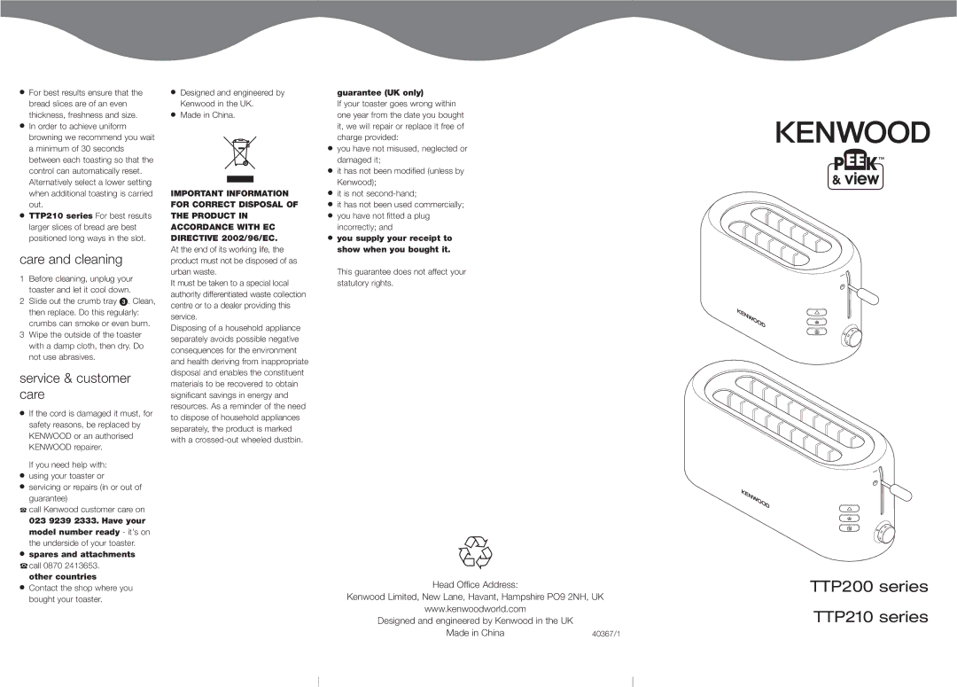 Kenwood TTP200, TTP210 manual Care and cleaning, Service & customer care, Guarantee UK only 