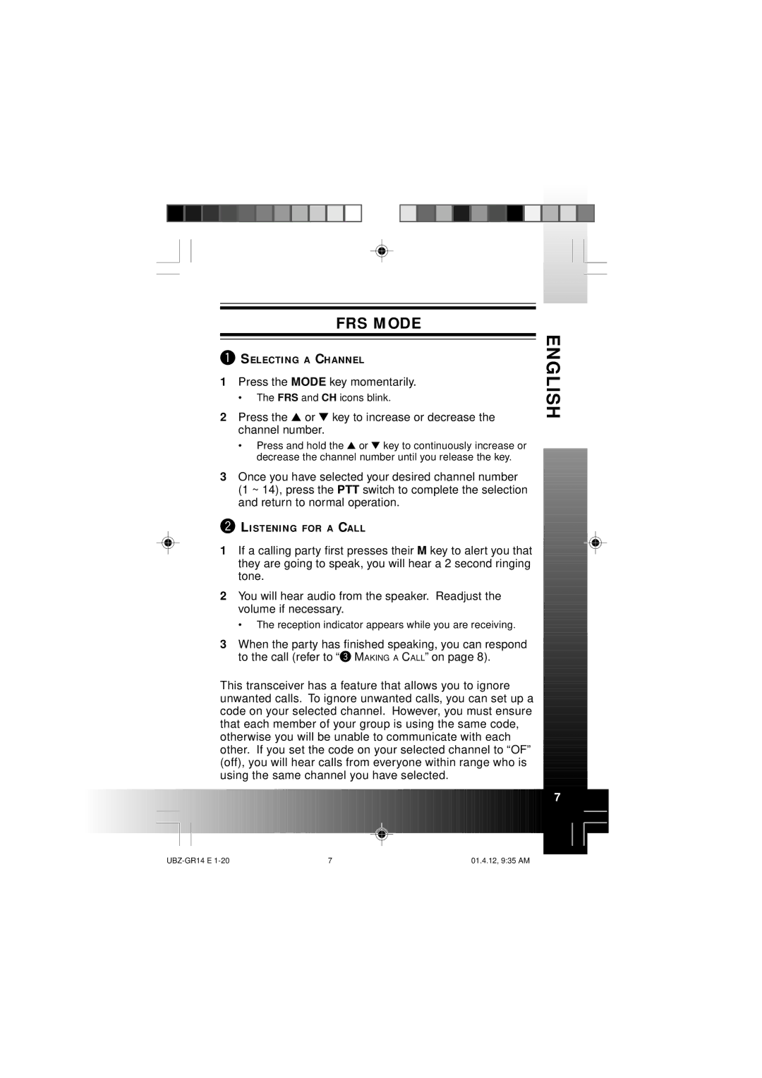 Kenwood UBZ-GR14 instruction manual FRS Mode, Selecting a Channel, Listening for a Call 