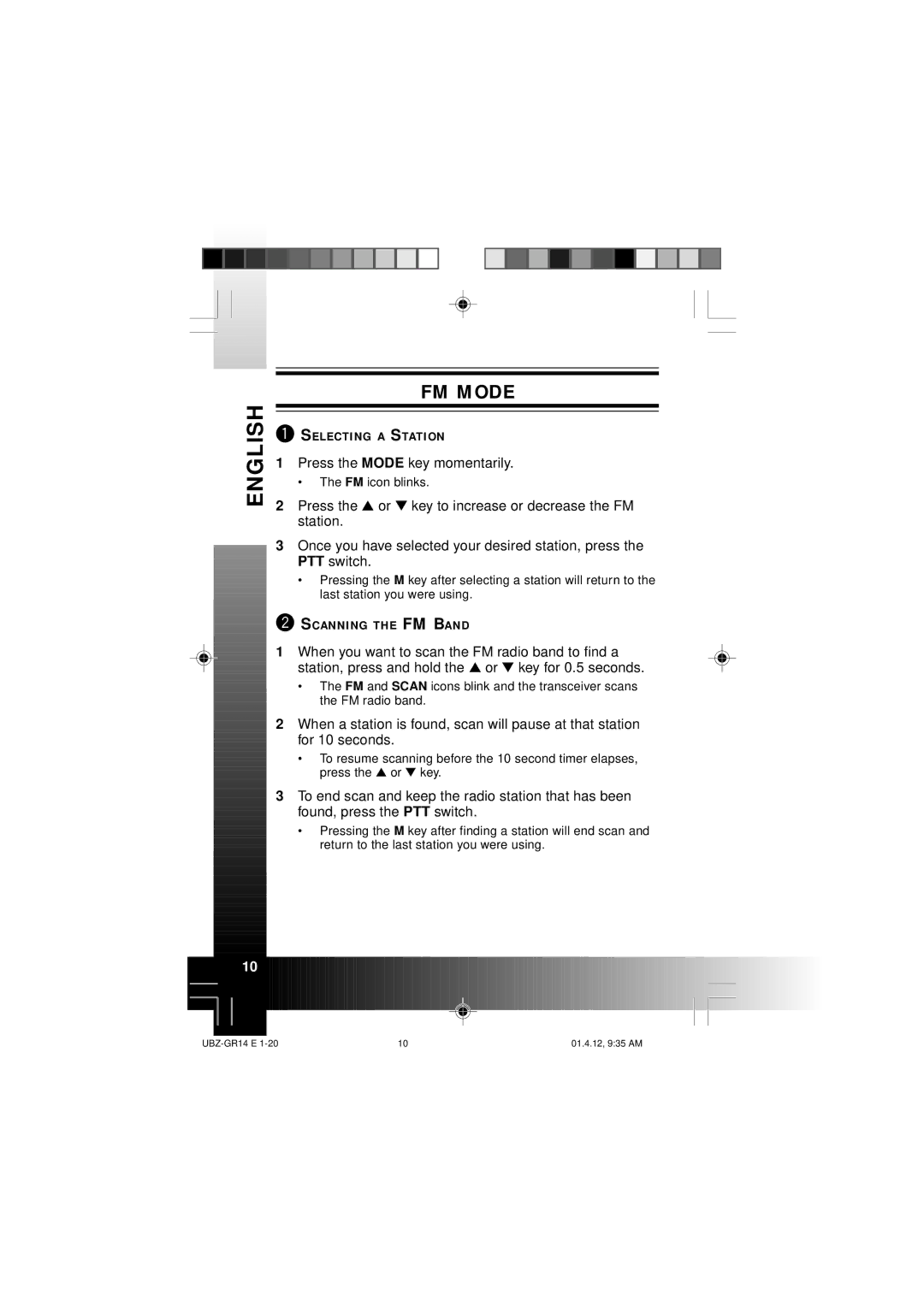 Kenwood UBZ-GR14 instruction manual English FM Mode, Selecting a Station, Scanning the FM Band 