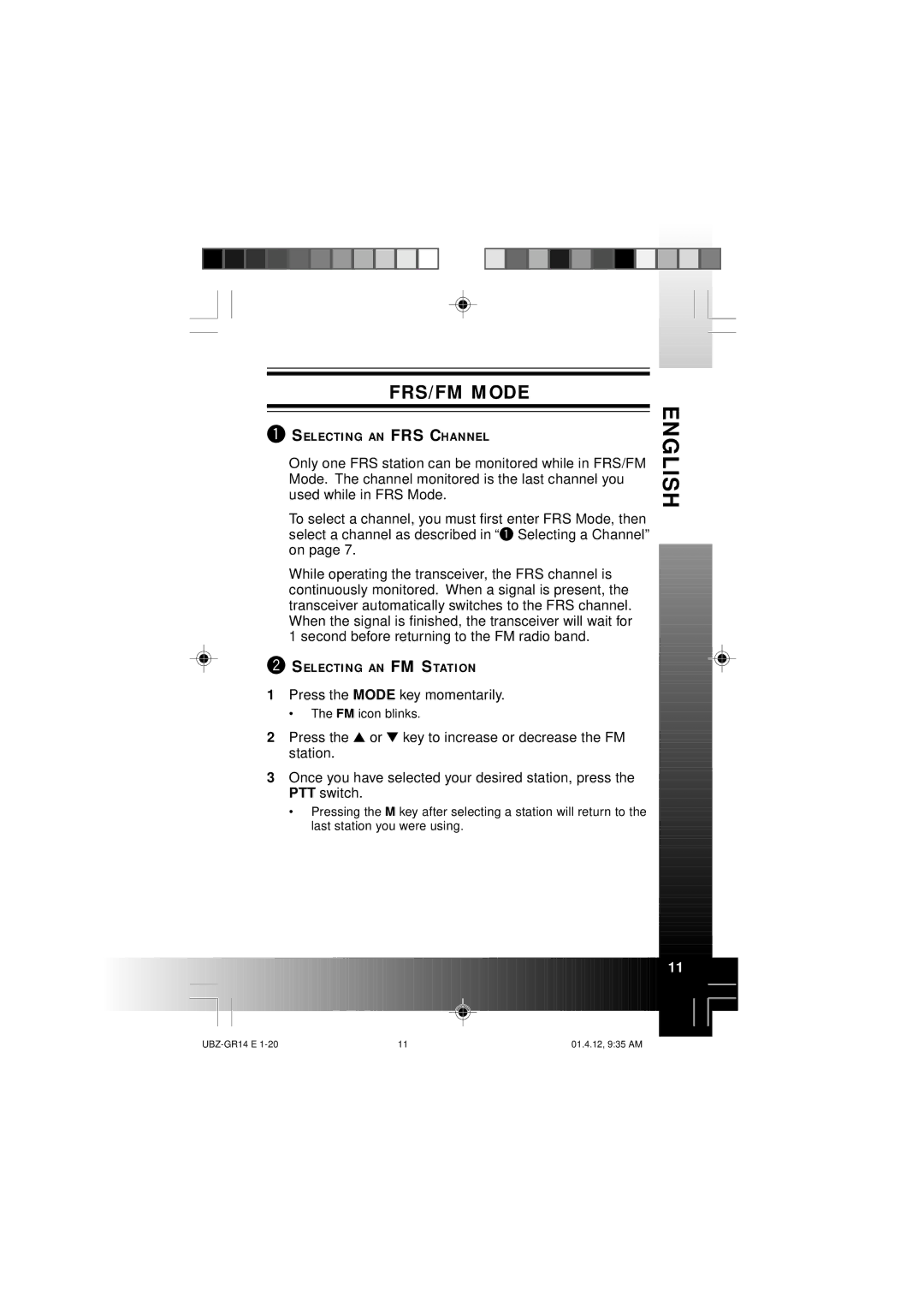 Kenwood UBZ-GR14 instruction manual FRS/FM Mode, Selecting AN FRS Channel, Selecting AN FM Station 