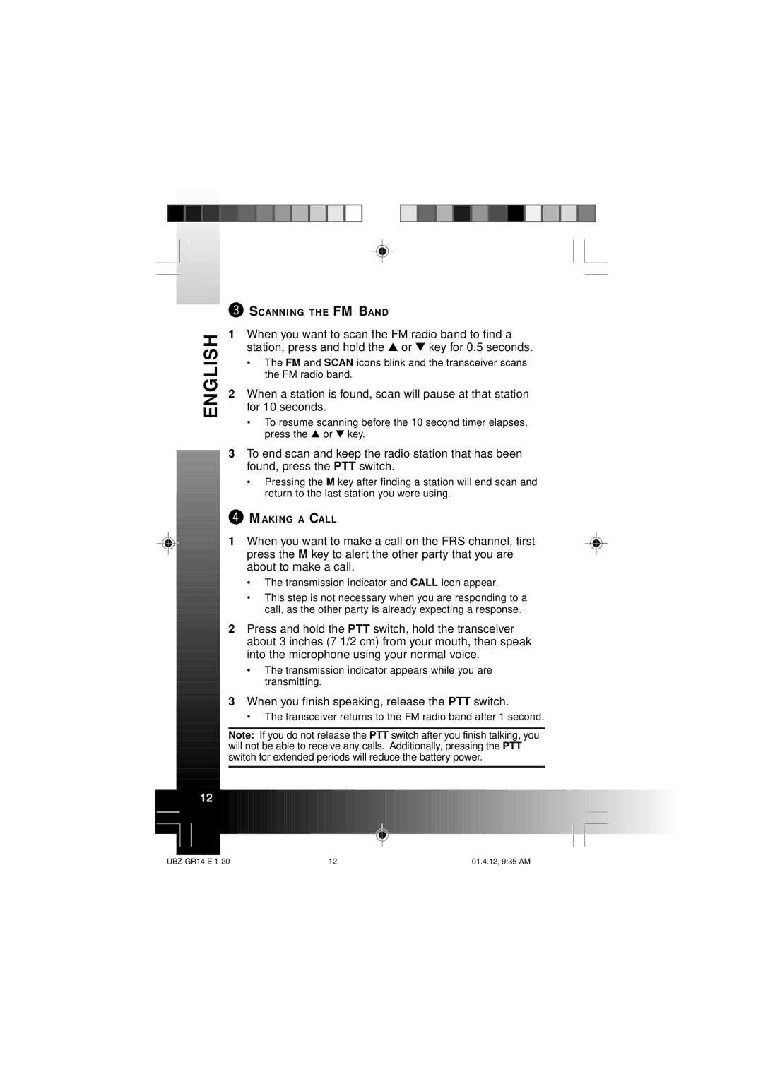 Kenwood UBZ-GR14 instruction manual Transceiver returns to the FM radio band after 1 second 