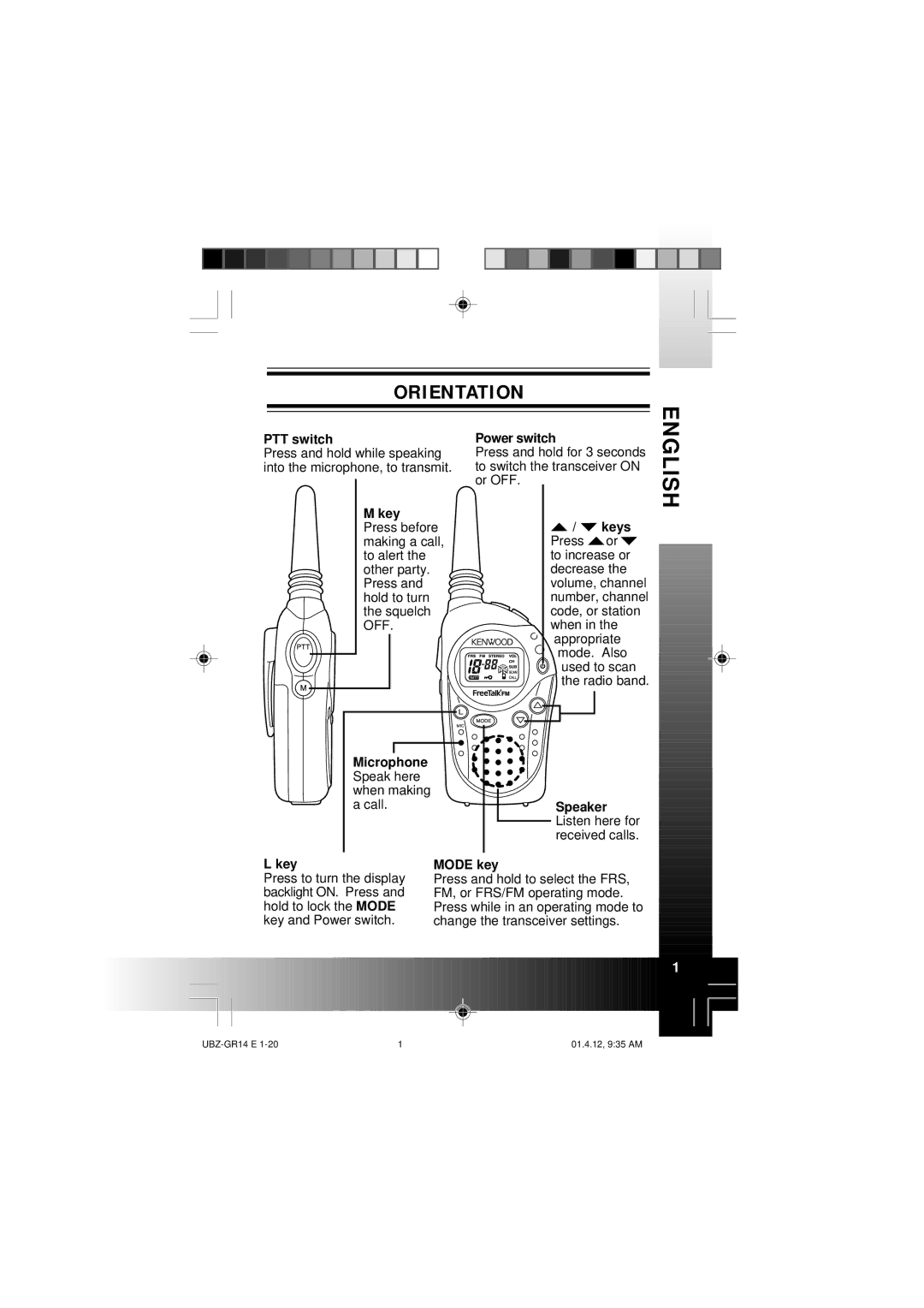 Kenwood UBZ-GR14 instruction manual Orientation, PTT switch Power switch 