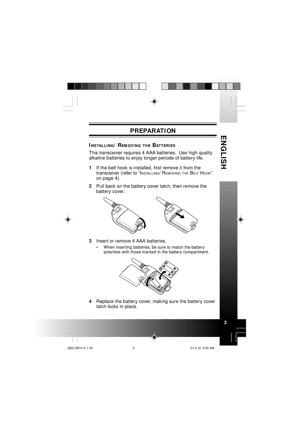 Kenwood UBZ-GR14 instruction manual Preparation, INSTALLING/ Removing the Batteries 