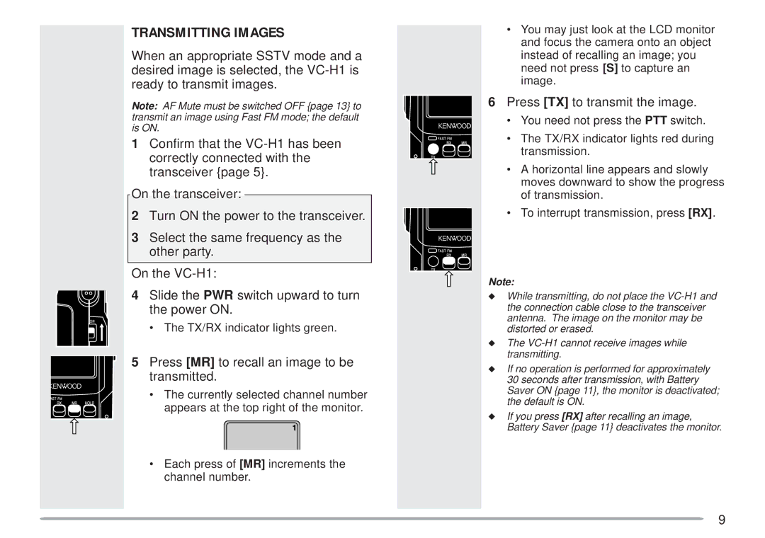 Kenwood VC-H1 Transmitting Images, Press MR to recall an image to be transmitted, Press TX to transmit the image 