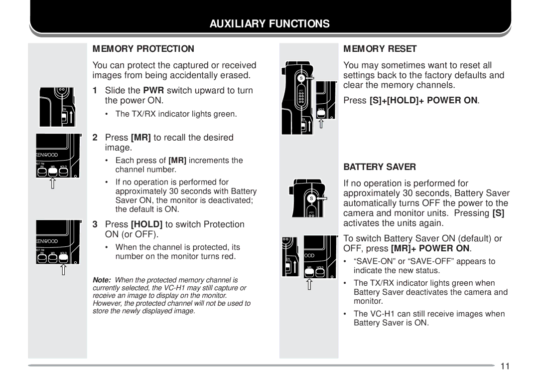 Kenwood VC-H1 Auxiliary Functions, Memory Protection, Memory Reset, Battery Saver, Press S+HOLD+ Power on 