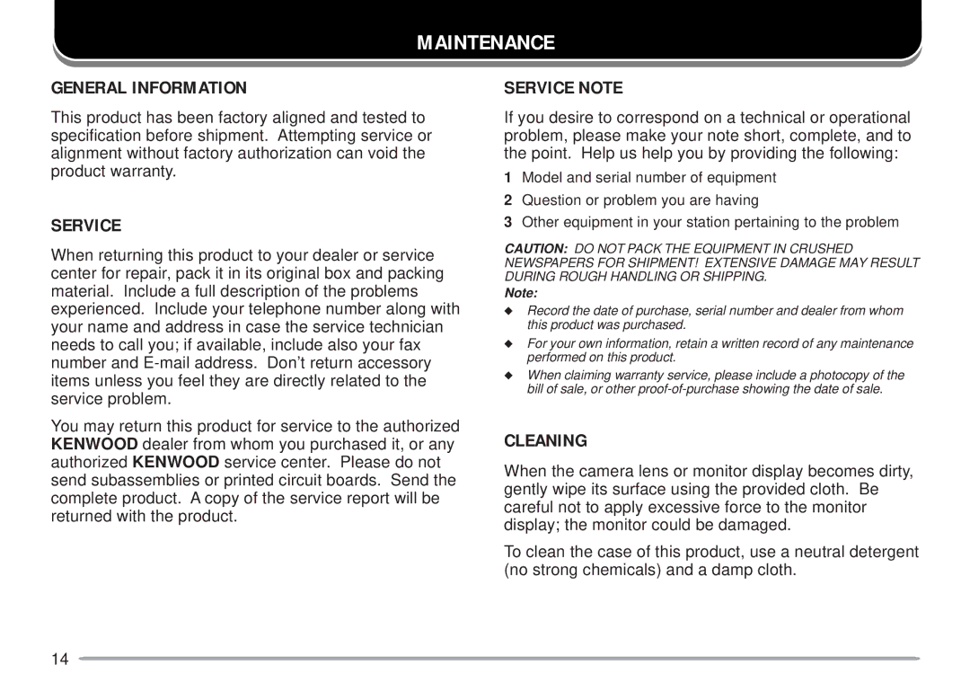 Kenwood VC-H1 instruction manual Maintenance, General Information, Service Note, Cleaning 