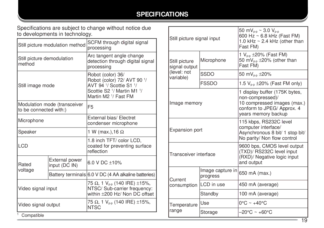 Kenwood VC-H1 instruction manual Specifications, Ntsc 