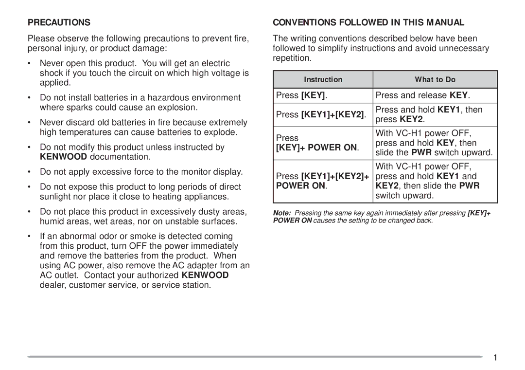 Kenwood VC-H1 Precautions, Conventions Followed in this Manual, Instruction What to Do, Press KEY1+KEY2+ 