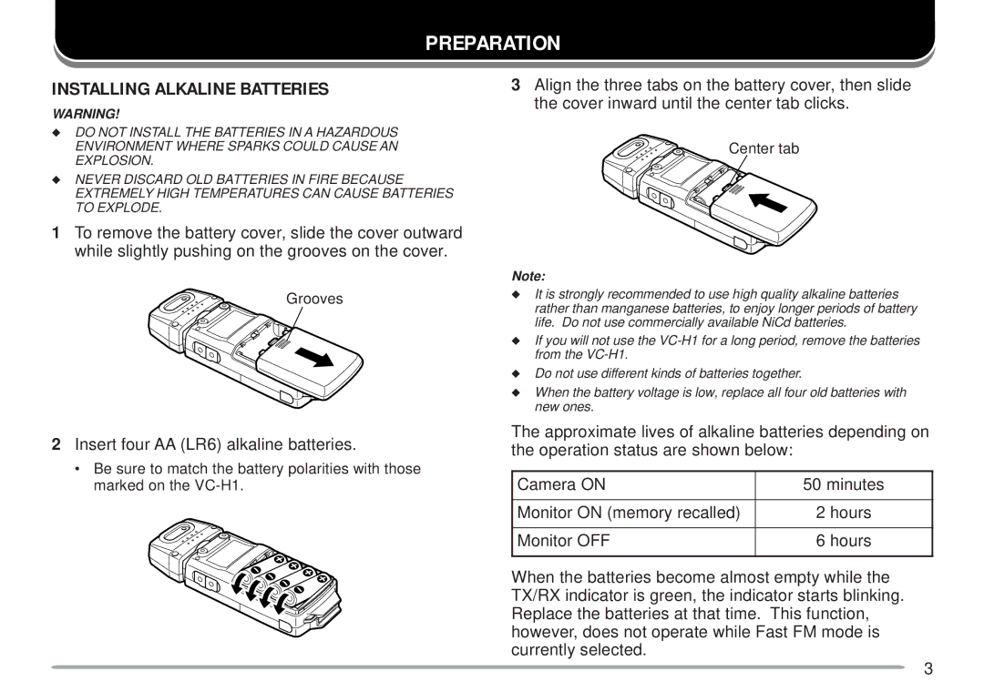 Kenwood VC-H1 instruction manual Preparation, Installing Alkaline Batteries, Insert four AA LR6 alkaline batteries 