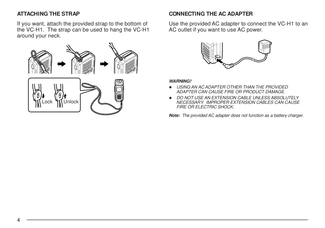 Kenwood VC-H1 instruction manual Attaching the Strap, Connecting the AC Adapter 