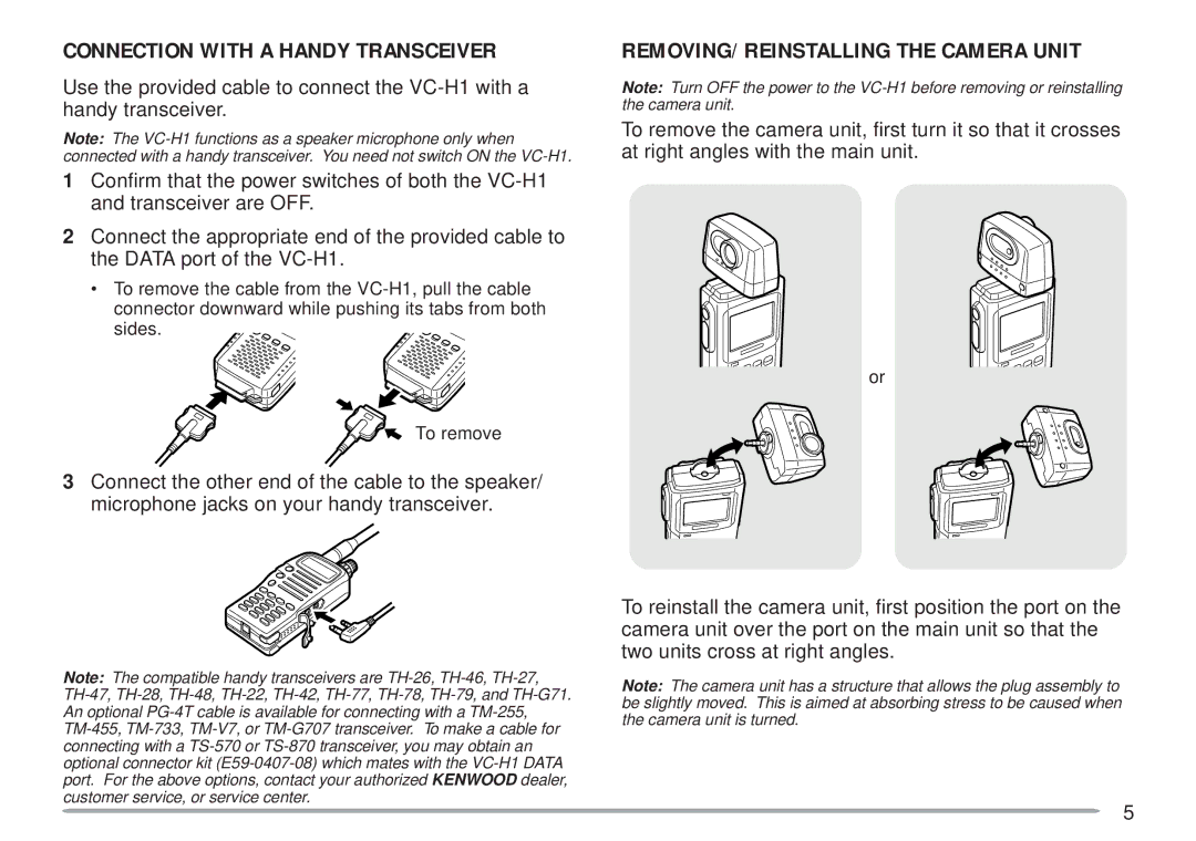 Kenwood VC-H1 instruction manual Connection with a Handy Transceiver, REMOVING/ Reinstalling the Camera Unit 