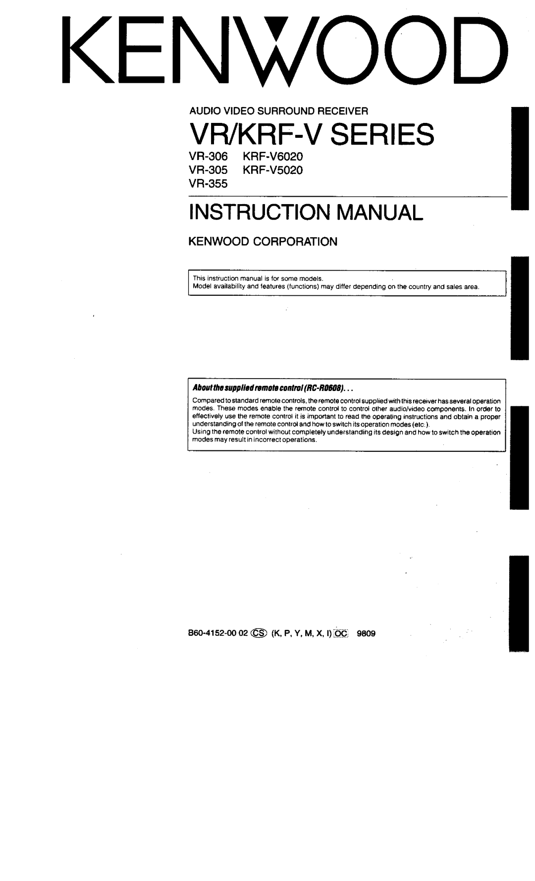 Kenwood VR-305, VR-306, VR-355, KRF-V6020, KRF-V5020 manual 