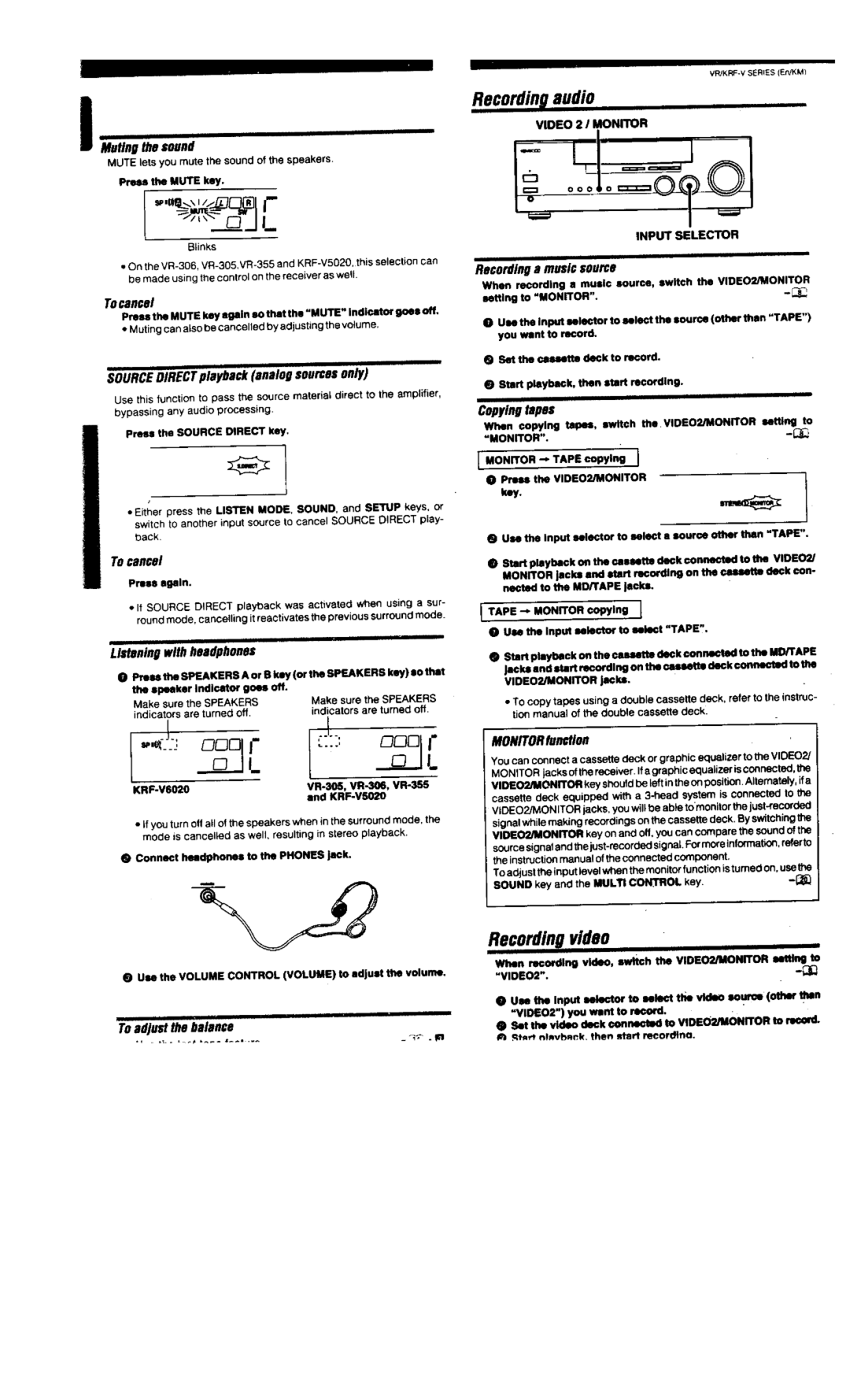 Kenwood VR-305, VR-306, VR-355, KRF-V6020, KRF-V5020 manual 