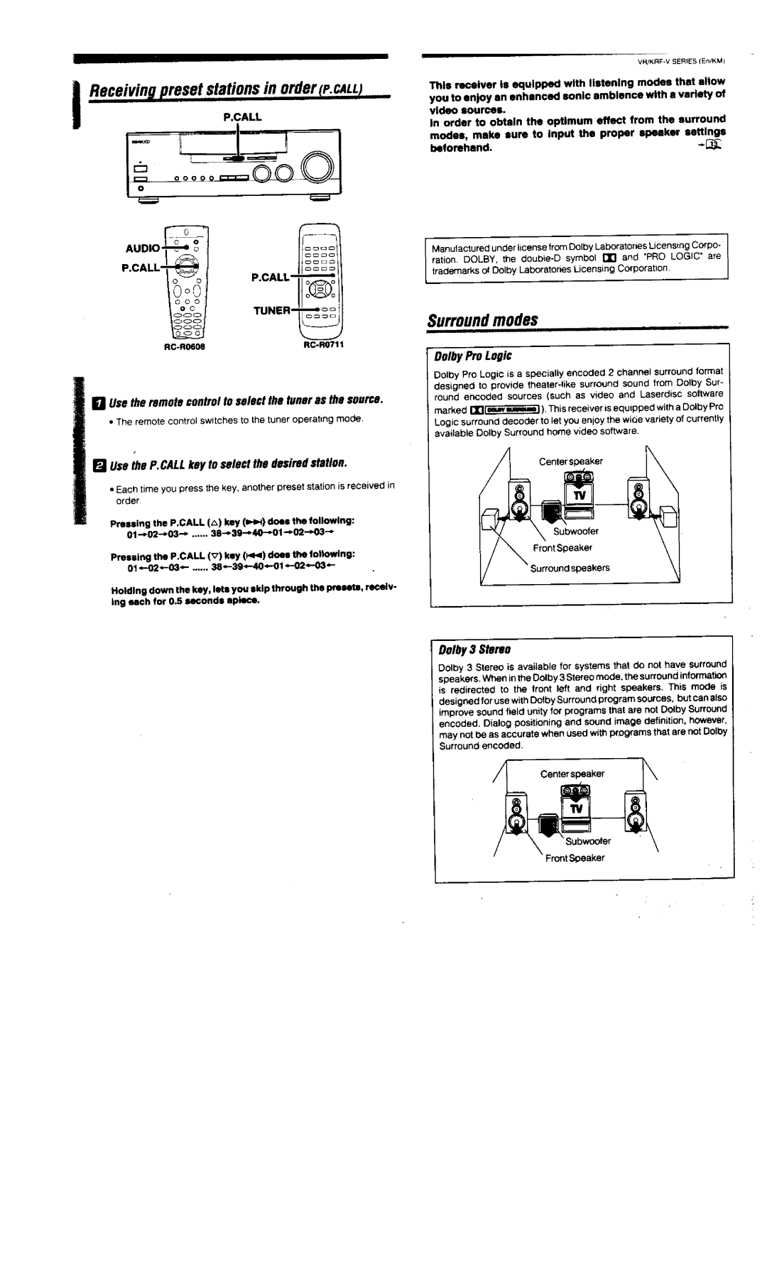 Kenwood KRF-V6020, VR-306, VR-305, VR-355, KRF-V5020 manual 