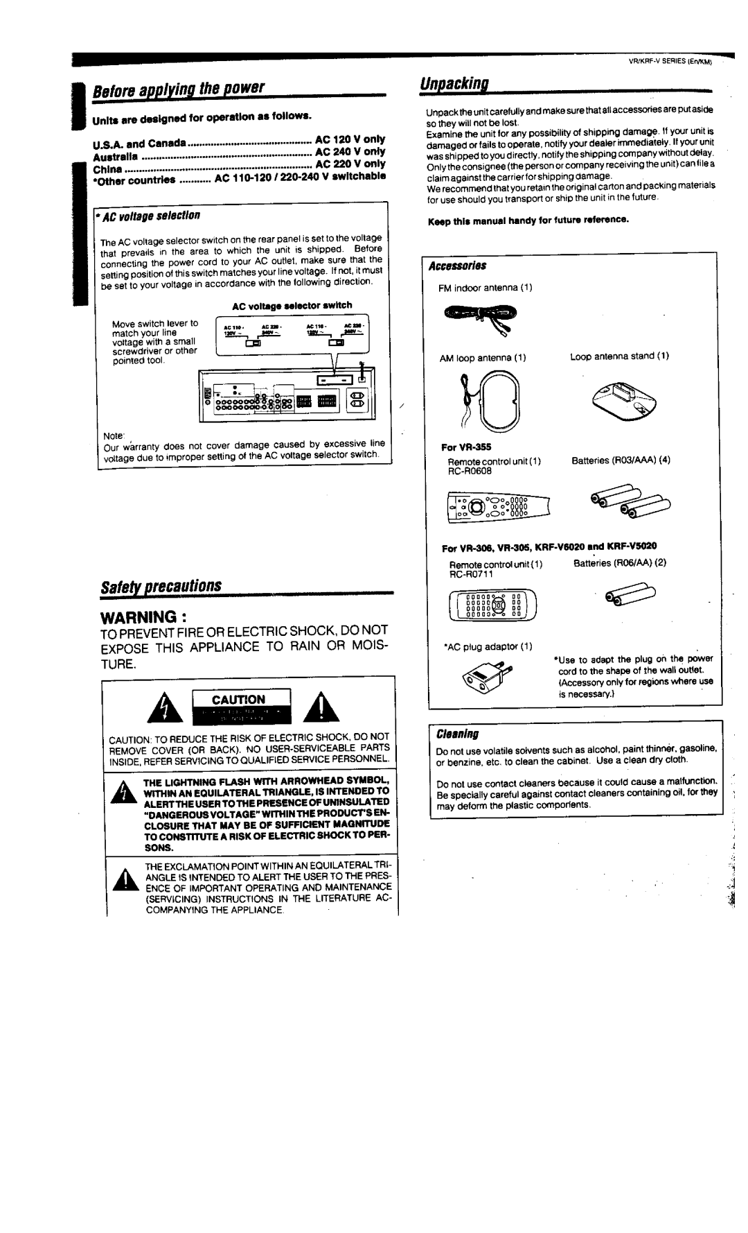 Kenwood VR-355, VR-306, VR-305, KRF-V6020, KRF-V5020 manual 