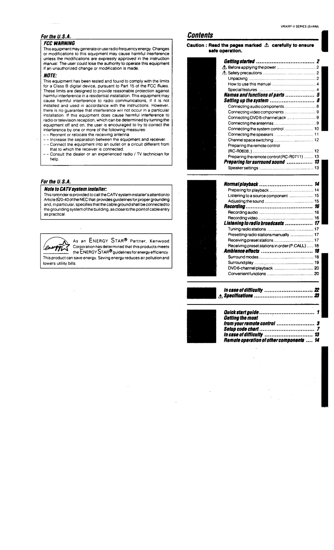 Kenwood KRF-V6020, VR-306, VR-305, VR-355, KRF-V5020 manual 