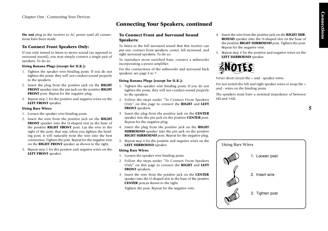 Kenwood VR-5900 setup guide To Connect Front Speakers Only, To Connect Front and Surround Sound Speakers, Using Bare Wires 