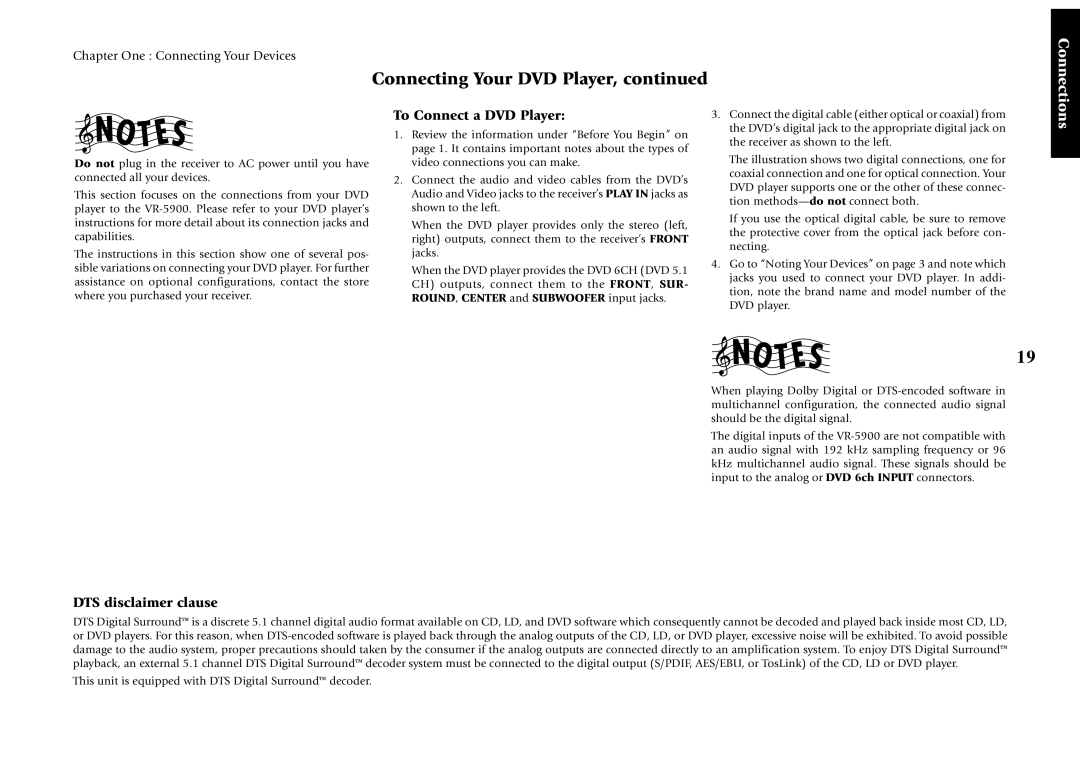 Kenwood VR-5900 setup guide To Connect a DVD Player, DTS disclaimer clause 