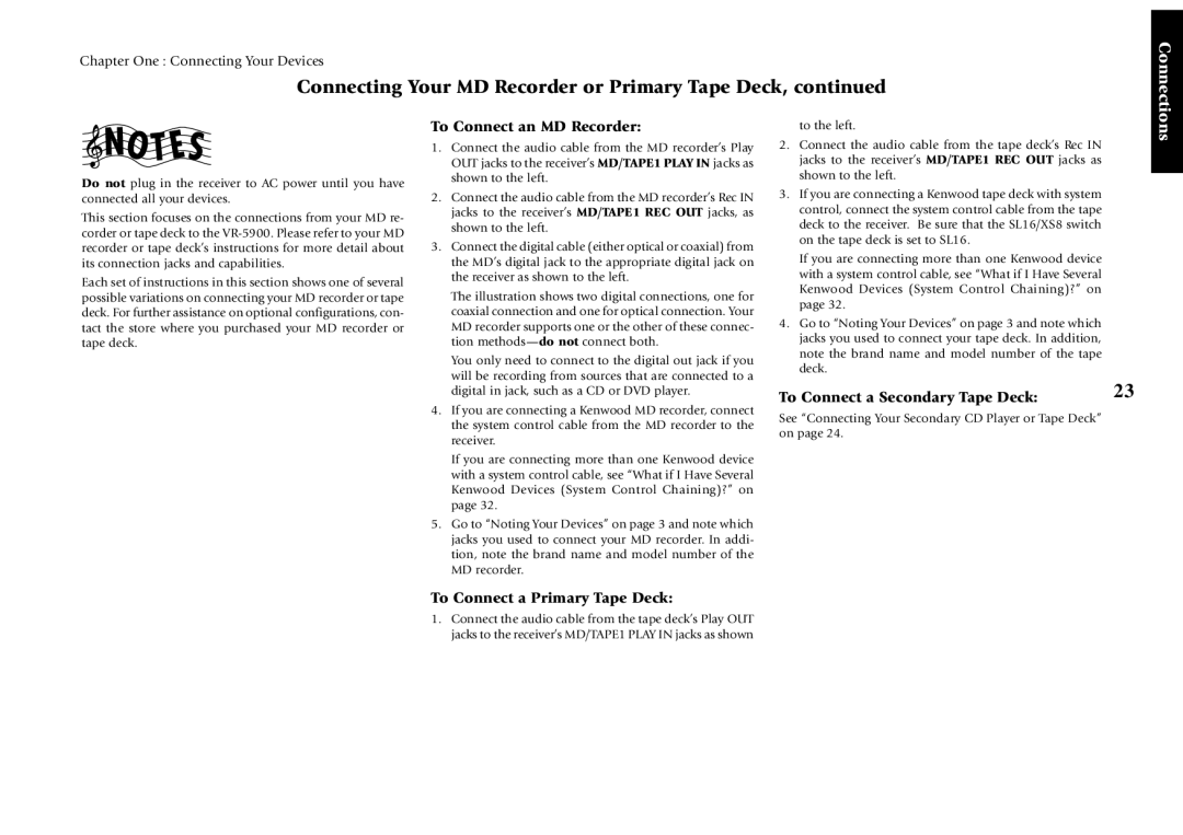 Kenwood VR-5900 setup guide To Connect an MD Recorder, To Connect a Primary Tape Deck, To Connect a Secondary Tape Deck 