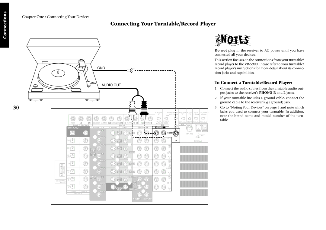 Kenwood VR-5900 setup guide Connecting Your Turntable/Record Player, To Connect a Turntable/Record Player, GND Audio OUT 