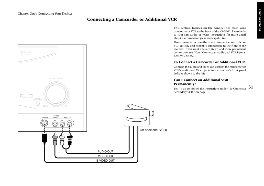 Kenwood VR-5900 Connecting a Camcorder or Additional VCR, To Connect a Camcorder or Additional VCR, Audio OUT Video OUT 