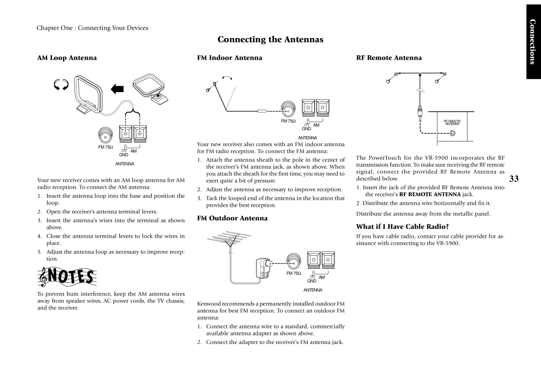 Kenwood VR-5900 Connecting the Antennas, AM Loop Antenna FM Indoor Antenna RF Remote Antenna, FM Outdoor Antenna 