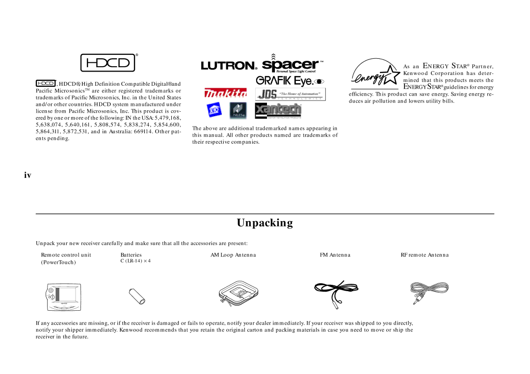 Kenwood VR-5900 setup guide Unpacking 