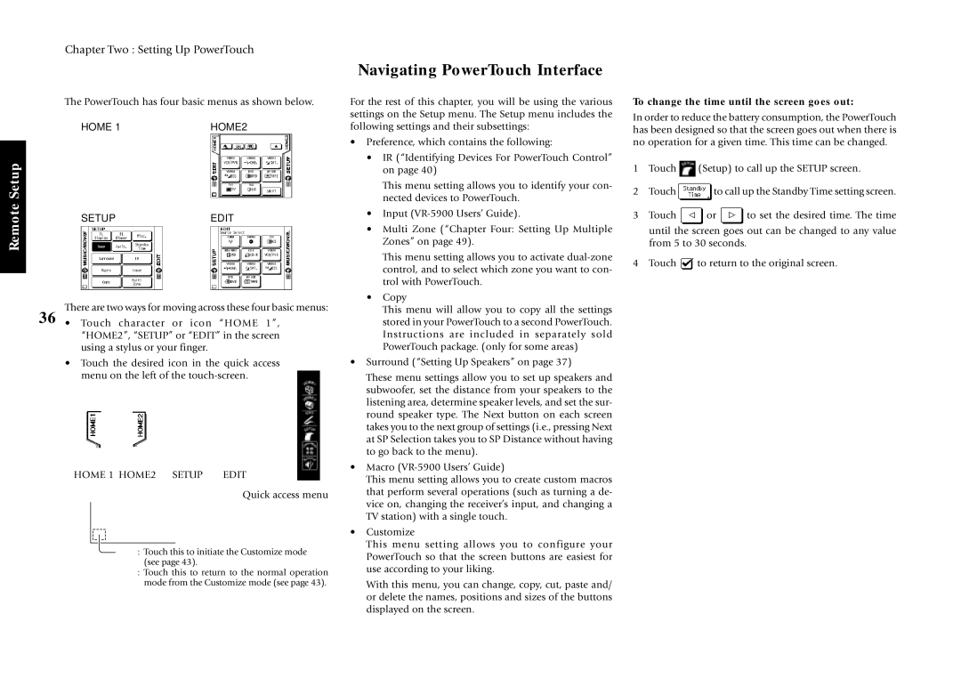 Kenwood VR-5900 Navigating PowerTouch Interface, Home 1HOME2, Setup Edit, To change the time until the screen goes out 