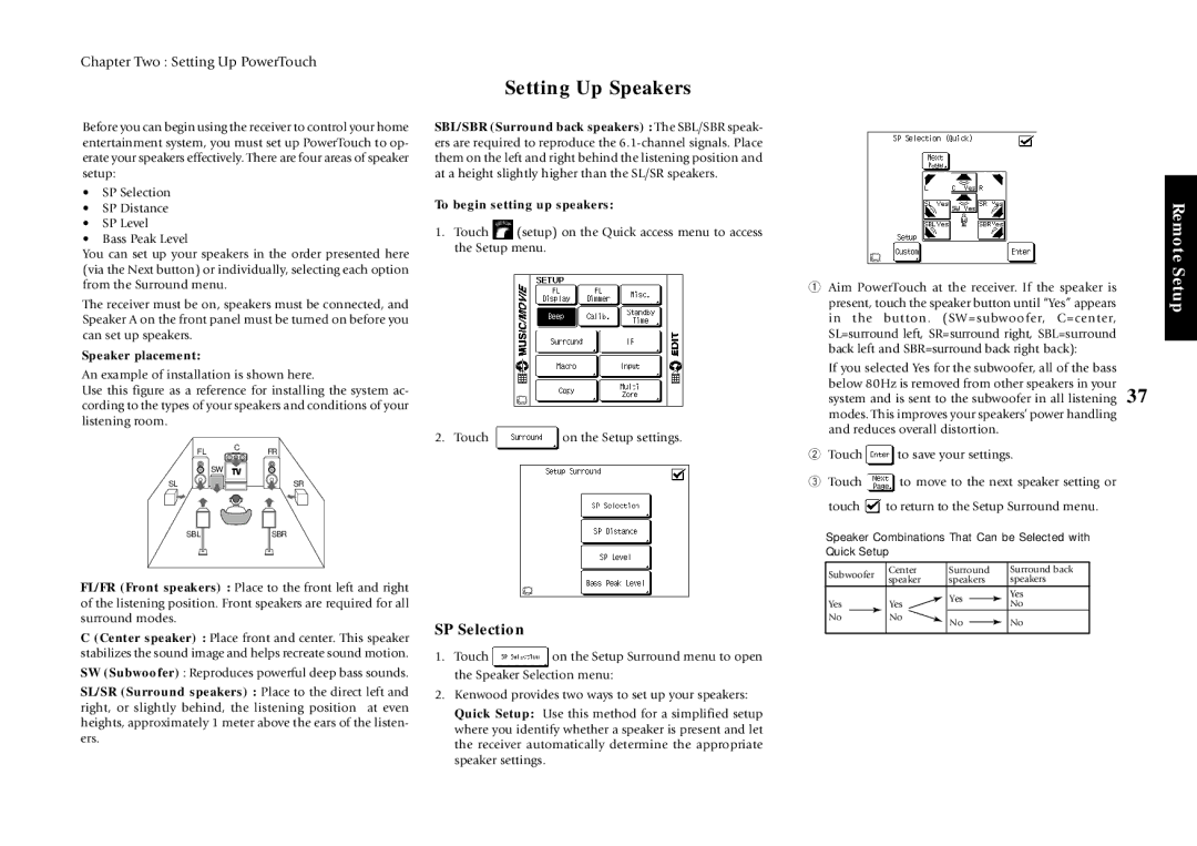 Kenwood VR-5900 setup guide Setting Up Speakers, SP Selection, Speaker placement 