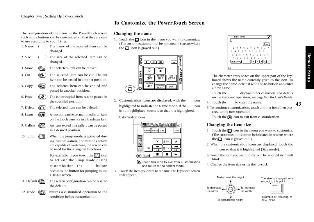 Kenwood VR-5900 setup guide To Customize the PowerTouch Screen, Changing the name, Changing the item size 